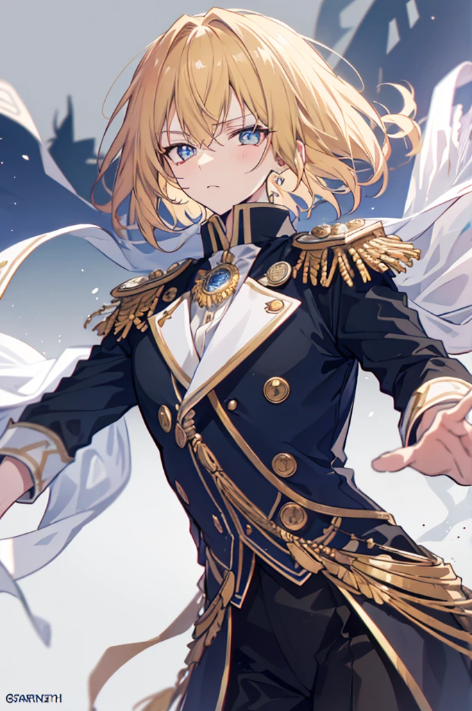 초상화, Face_through_torso, arcanepunk, 1male character, Solo, royalty(prince), light blonde hair(short hair, messy, layered, tousled), benevolent_face(sky_blue_eyes(spade shaped_pupils), sharp eyes, half closed_eyes), prince outfit, white, royal, elegant, ornate, gold trim, intricate details, high collar, epaulettes, tailored fit, regal, formal, sophisticated