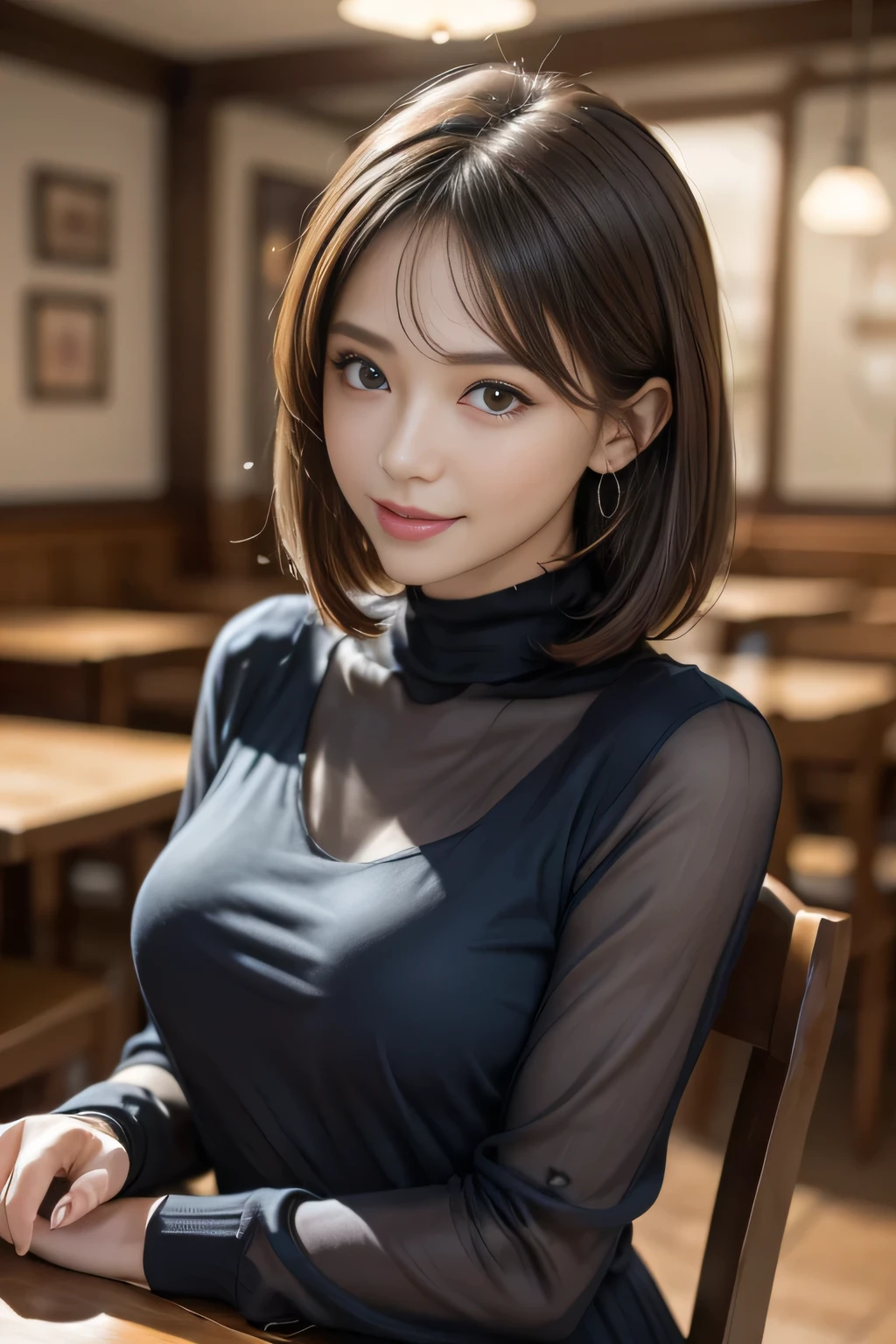 masterpiece, Highest quality, Realistic, Very detailed, Finer details, High resolution, 8k wallpaper, One beautiful woman, Wear a navy blue see-through blouse, In a great pub, At night, Light brown messy hair, Perfect dynamic composition, Beautiful and beautiful eyes、Big earrings、Sitting in a chair、