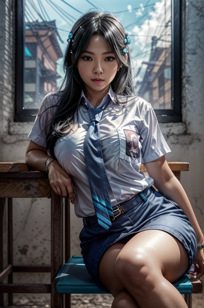 Photorealistic, (full body:1.3, exposed face), low angle, (seen from below:1.1), in frame, a japanese mature woman, ((white button shirt:1.2, with grey blue necktie:1.2, exposed her cleavage), uniform of indonesian high school likeness:1.3), a hyperrealistic beautiful young woman with grayish blue eyes,extreme detailed face, flowing hair, (black hair:1.4), beautiful detailed 25 years old female, ultra large saggy breasts, (huge breasts:1.5), high detailed official artwork, beautiful girls with plumpy body and busty posture, fatty belly, long legs, attractive mature woman, (atractive poses:1.3, open-legged), sitting on the (desk:1.2), in the classroom, surrounded by student, skyview background, dubnitskiy david fanart, realistic portrait, smooth photorealistic, perfect visual of a cute girls, cute girls with round soft face, face focus, makoto shinkai and artgerm, photon mapping, natural light, warm color tones, vivid colors, cool ambient, foggy atmosphere