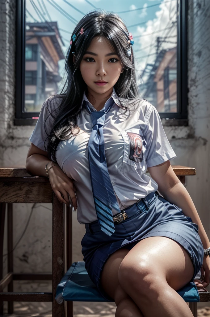 Photorealistic, (full body:1.3, exposed face), low angle, (seen from below:1.1), in frame, a japanese mature woman, ((white button shirt:1.2, with grey blue necktie:1.2, exposed her cleavage), uniform of indonesian high school likeness:1.3), a hyperrealistic beautiful young woman with grayish blue eyes,extreme detailed face, flowing hair, (black hair:1.4), beautiful detailed 25 years old female, ultra large saggy breasts, (huge breasts:1.5), high detailed official artwork, beautiful girls with plumpy body and busty posture, fatty belly, long legs, attractive mature woman, (atractive poses:1.3, open-legged), sitting on the (desk:1.2), in the classroom, surrounded by student, skyview background, dubnitskiy david fanart, realistic portrait, smooth photorealistic, perfect visual of a cute girls, cute girls with round soft face, face focus, makoto shinkai and artgerm, photon mapping, natural light, warm color tones, vivid colors, cool ambient, foggy atmosphere