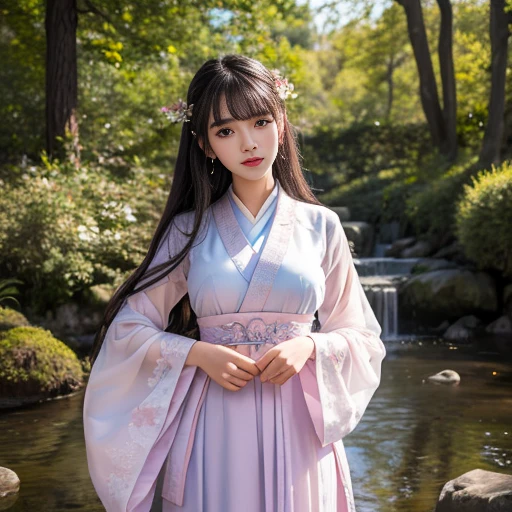 best quality, Delicate face,beautiful visual work, lifelike, eternity, black hair, Long curly hair, blunt bangs, Smile, Detailed Background, Delicate face,blush,cold,((masterpiece))、(top quality)、8k、high detail、Super detailed,21 years old female,身穿唐制Hanfu、waist skirt, Clothes are light and fluffy,Hanfu, wide sleeves, Transparent sleeves, Tunic, Clothes made of chiffon, masterpiece、born、Scenes resembling fairy tale illustrations、intricate details和複雜的設計、Beautifully、magic、capricious、 Beautifully、Dream aesthetics、「𝓡𝓸𝓶𝓪𝓷𝓽𝓲𝓬、ethereal、charming、fickle、magic」、realism、Visual effects、FXAA、SSAO、Shader、voiceless、ambient lighting、Tone mapping、High resolution、Ultra high quality、Million pixels、(8K resolution:1.10)、8k、8k以下、8K resolution、high detail、intricate details, (high quality:1.2、masterpiece:1.2、:1.21)、(21 years old female:1.21)、(興奮地Smile)、(被dream般的氛圍所包圍、Model diagram,full-body shot,Normal 2 feet,Put your hands behind you,The protrusion of the breast is visible when wearing clothes, Large Breasts, H cup chest, antiquity, Xian Xia, gauze clothes, Soft and fluttering, Fairy, dream, fantasy, light, Elegant, nature, Immortal, romantic, classical, ribbon, light purple clothes, In the woods, martial arts drama scene, There are many straight tree trunks next to it