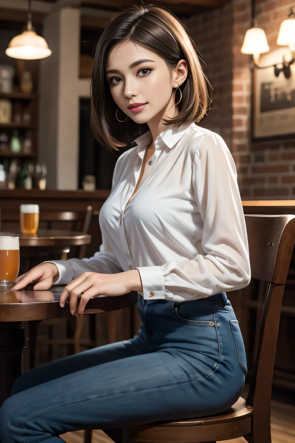 masterpiece, Highest quality, Realistic, Very detailed, Finer details, High resolution, 8k wallpaper, One beautiful woman, Wear a navy blue see-through blouse, In a great pub, At night, Light brown messy hair, Perfect dynamic composition, Beautiful and beautiful eyes、Big earrings、Sitting in a chair、