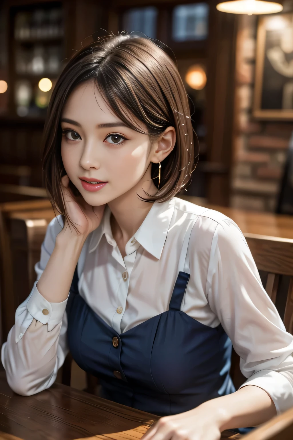 masterpiece, Highest quality, Realistic, Very detailed, Finer details, High resolution, 8k wallpaper, One beautiful woman, Wear a navy blue see-through blouse, In a great pub, At night, Light brown messy hair, Perfect dynamic composition, Beautiful and beautiful eyes、Big earrings、Sitting in a chair、