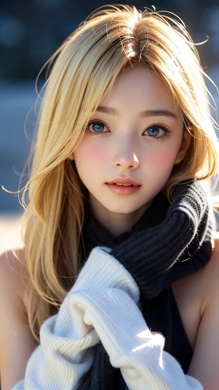 alone, very beautiful nordic girl、Shiny light blonde hair, Beautiful super long straight dazzling bright blonde hair blowing in the strong wind,Long bangs obstruct the view、Hair between the eyes、bright light gray eyes that shine beautifully,Detailed face, White and beautiful skin、Cheek gloss highlighter、Mittens, Snow Forest, Attractive areas, (Blushing your nose, Heavy breathing:1.1), (dark:1.4)、Small Face Beauty,