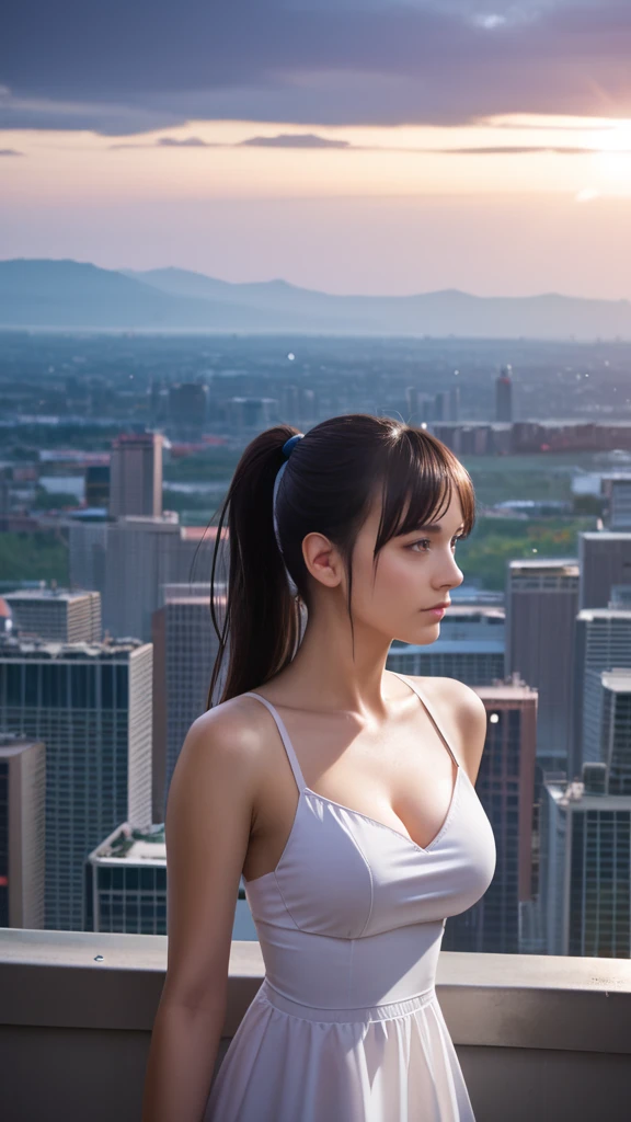 score_9, score_8_up, score_7_up, score_6_up, Photorealistic, real photo, god rays, wind, rain, 1girl, black hair, long straight hair, ponytail, hazel eyes, large breasts, mini sundress, cropped jacket, science fiction, rooftop, city skyline, neons, windy, skrirt lifted by wind