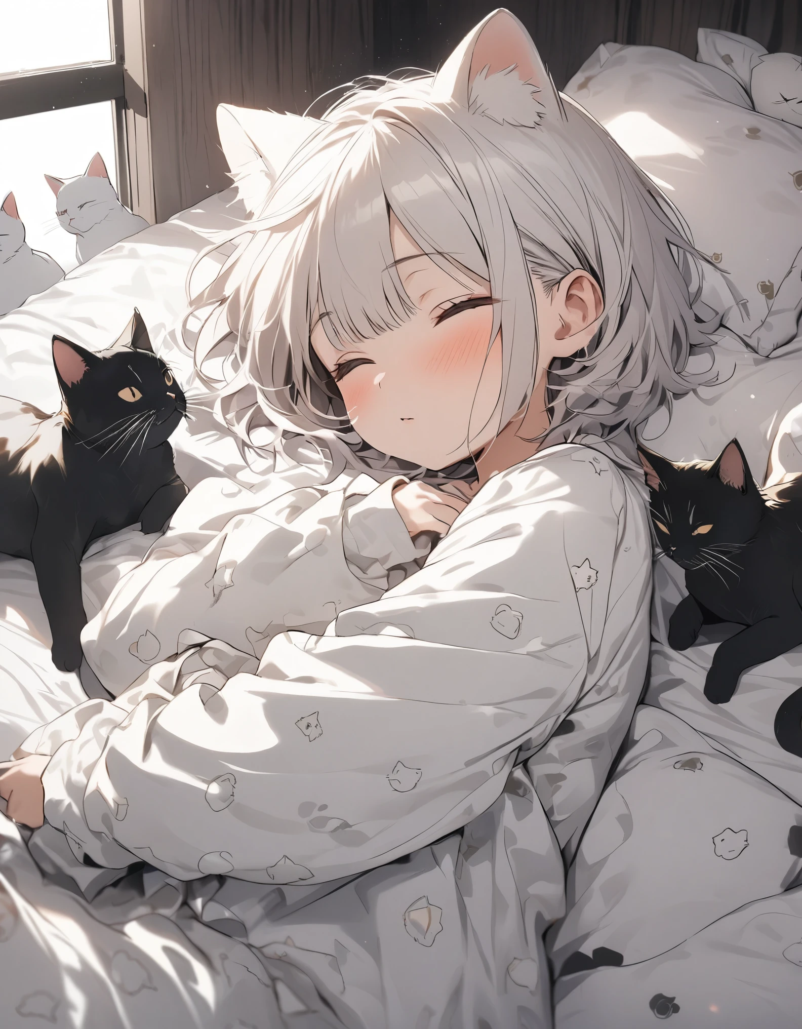 Masterpiece, 10 year old girl, White hair, cat ear, short hair, sleep in bed, star pattern pajamas, sleep surrounded by many cats, the moon from the window