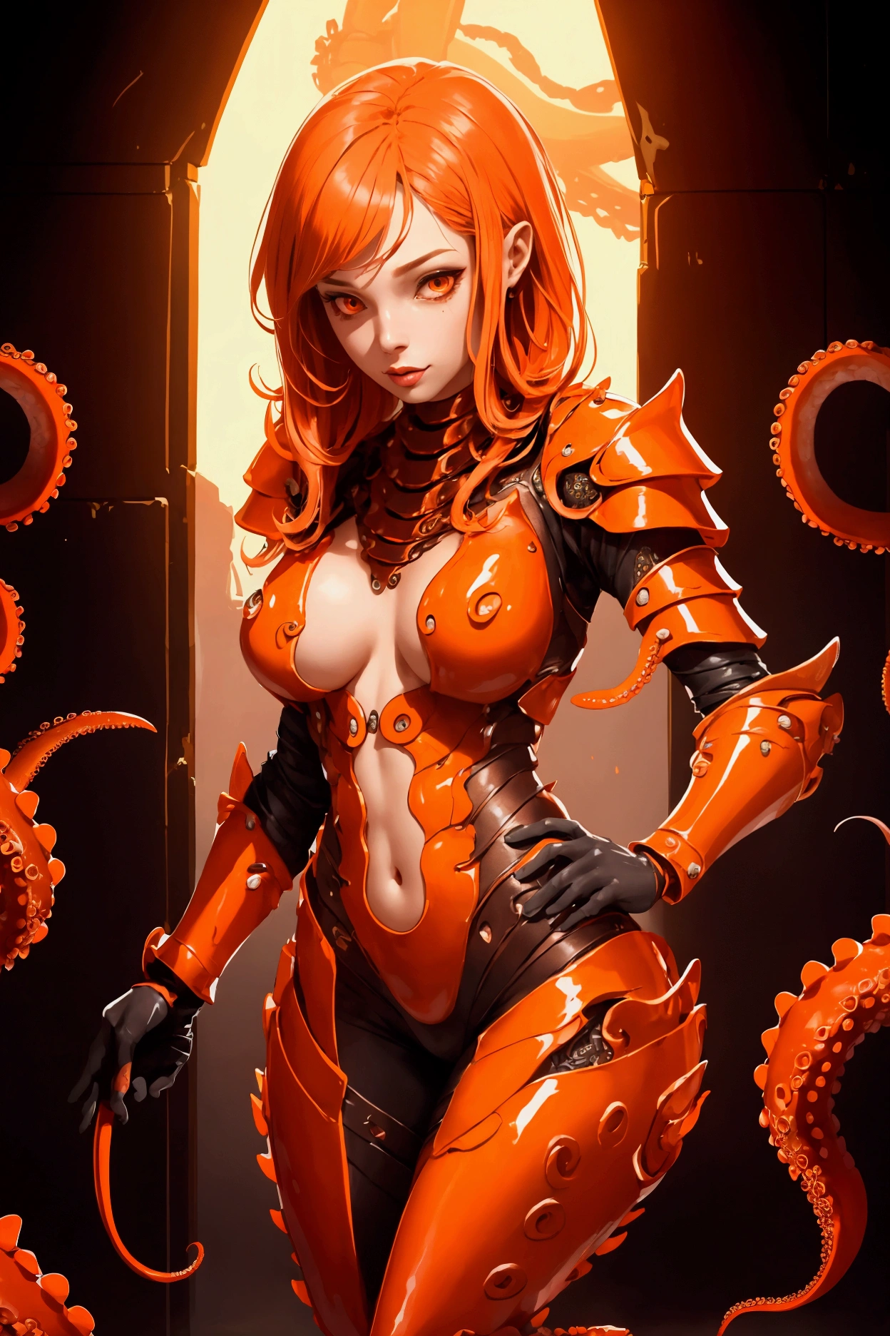 1 Female Human Octopus Hybrid Creature, beautieful, sexy, orange leather armour