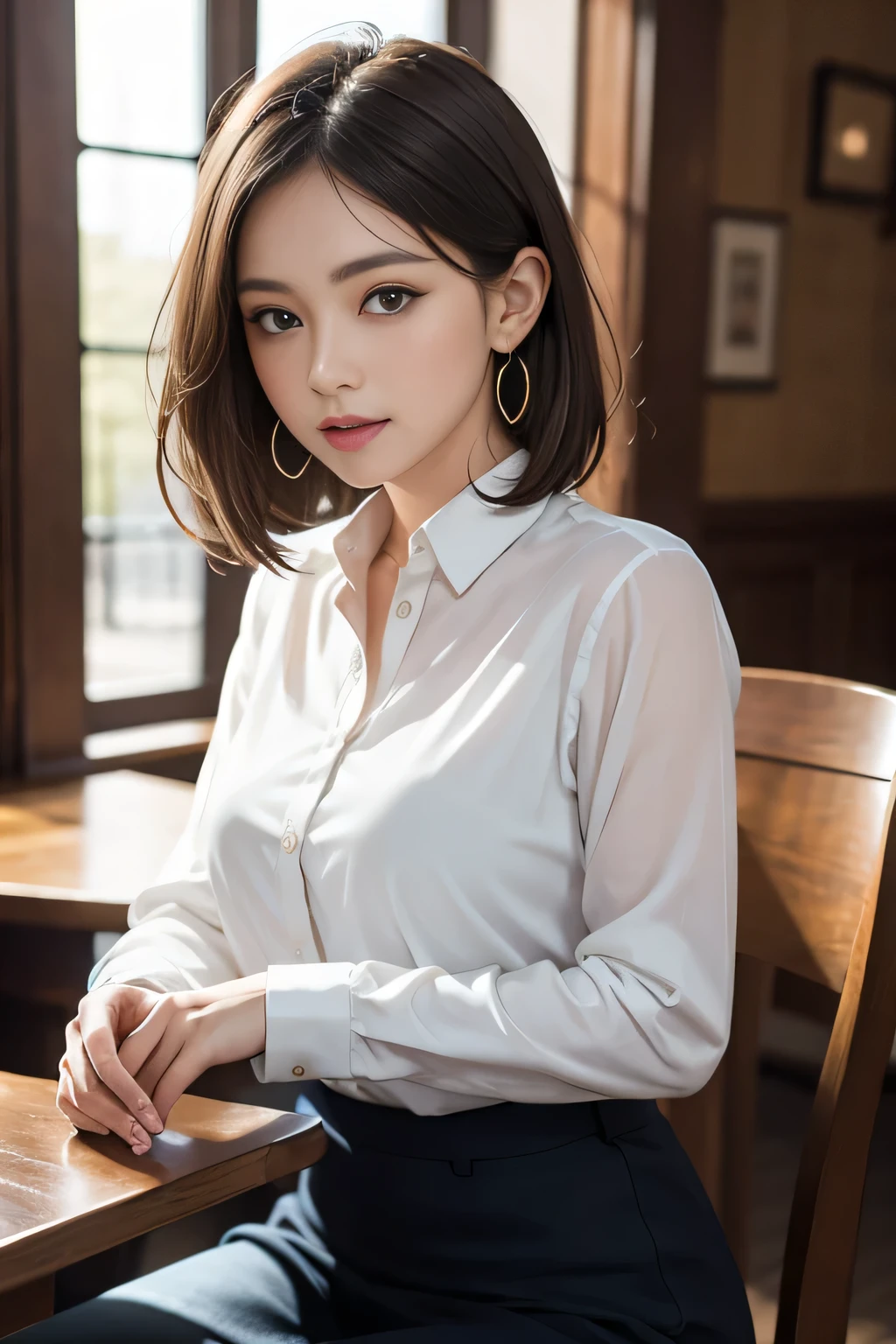 masterpiece, Highest quality, Realistic, Very detailed, Finer details, High resolution, 8k wallpaper, One beautiful woman, Wear a navy blue see-through blouse, In a great pub, At night, Light brown messy hair, Perfect dynamic composition, Beautiful and beautiful eyes、Big earrings、Sitting in a chair、