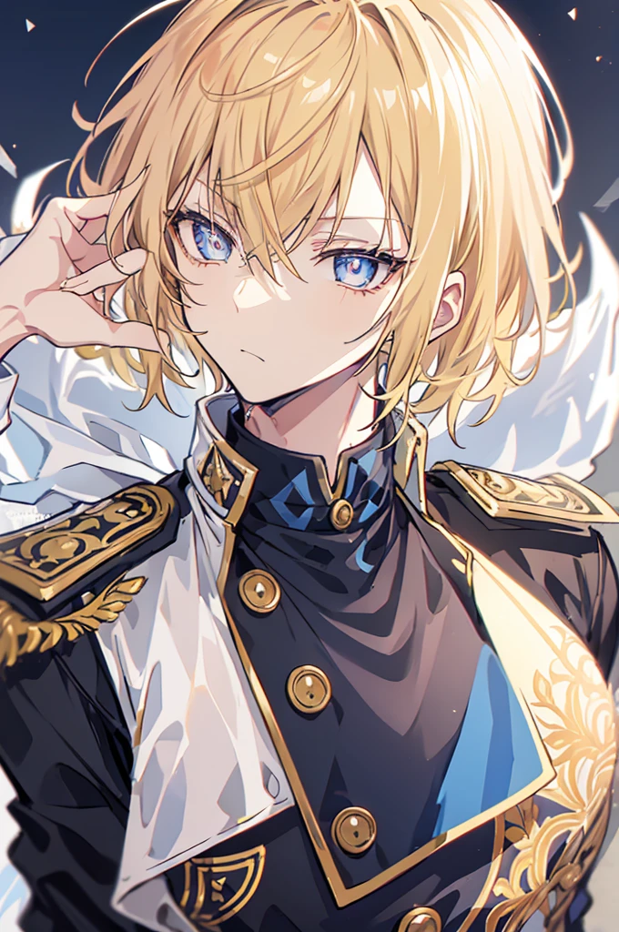 초상화, Face_through_torso, arcanepunk, 1male character, Solo, royalty(prince), light blonde hair(short hair, messy, layered, tousled), benevolent_face(sky_blue_eyes(spade shaped_pupils), sharp eyes, half closed_eyes), prince outfit, white, royal, elegant, ornate, gold trim, intricate details, high collar, epaulettes, tailored fit, regal, formal, sophisticated