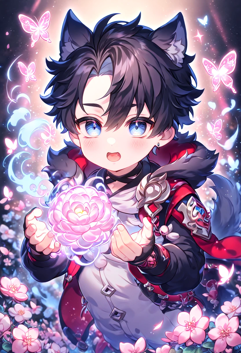 absurdres, highres, ultra detailed, HDR, master piece, best quality, extremely detailed face, delicated features, Wriothesley as a kid, black hair, expressive blue-gray eyes, Genshin Impact, solo, boy, cute, wolf costume, blossoms, pink flowers, pink butterflies, fantasy, magic, radiant