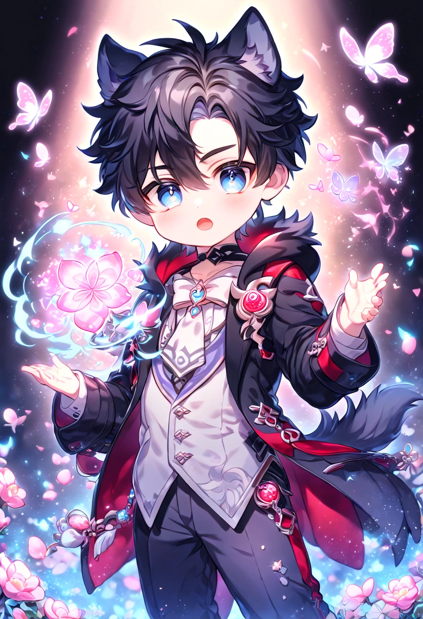 absurdres, highres, ultra detailed, HDR, master piece, best quality, extremely detailed face, delicated features, Wriothesley as a ???, black hair, expressive blue-gray eyes, Genshin Impact, solo, boy, cute, wolf costume, blossoms, pink flowers, pink butterflies, fantasy, magic, radiant