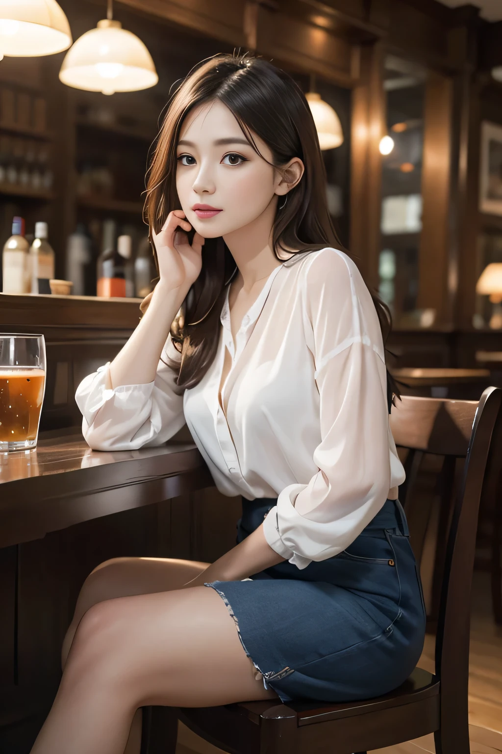 masterpiece, Highest quality, Realistic, Very detailed, Finer details, High resolution, 8k wallpaper, One beautiful woman, Wear a navy blue see-through blouse, In a great pub, At night, Light brown messy hair, Perfect dynamic composition, Beautiful and beautiful eyes、Big earrings、Sitting in a chair、