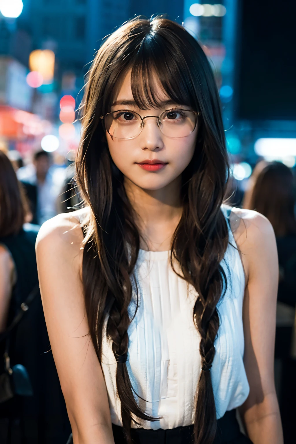 (8K、Raw photography、top-quality、​masterpiece:1.2)、(realisitic、Photorealsitic:1.37)、ultra-detailliert、超A high resolution、女の子1人、see the beholder、beautifull detailed face、A smile、Constriction、(Slim waist) :1.3)、White summer clothes、Beautiful detailed skin、Skin Texture、Floating hair、Braided hair、Professional Lighting、Downtown at night、((Black square glasses )) 、Whole naked body、Brown hair, show off virgin pussy to camera