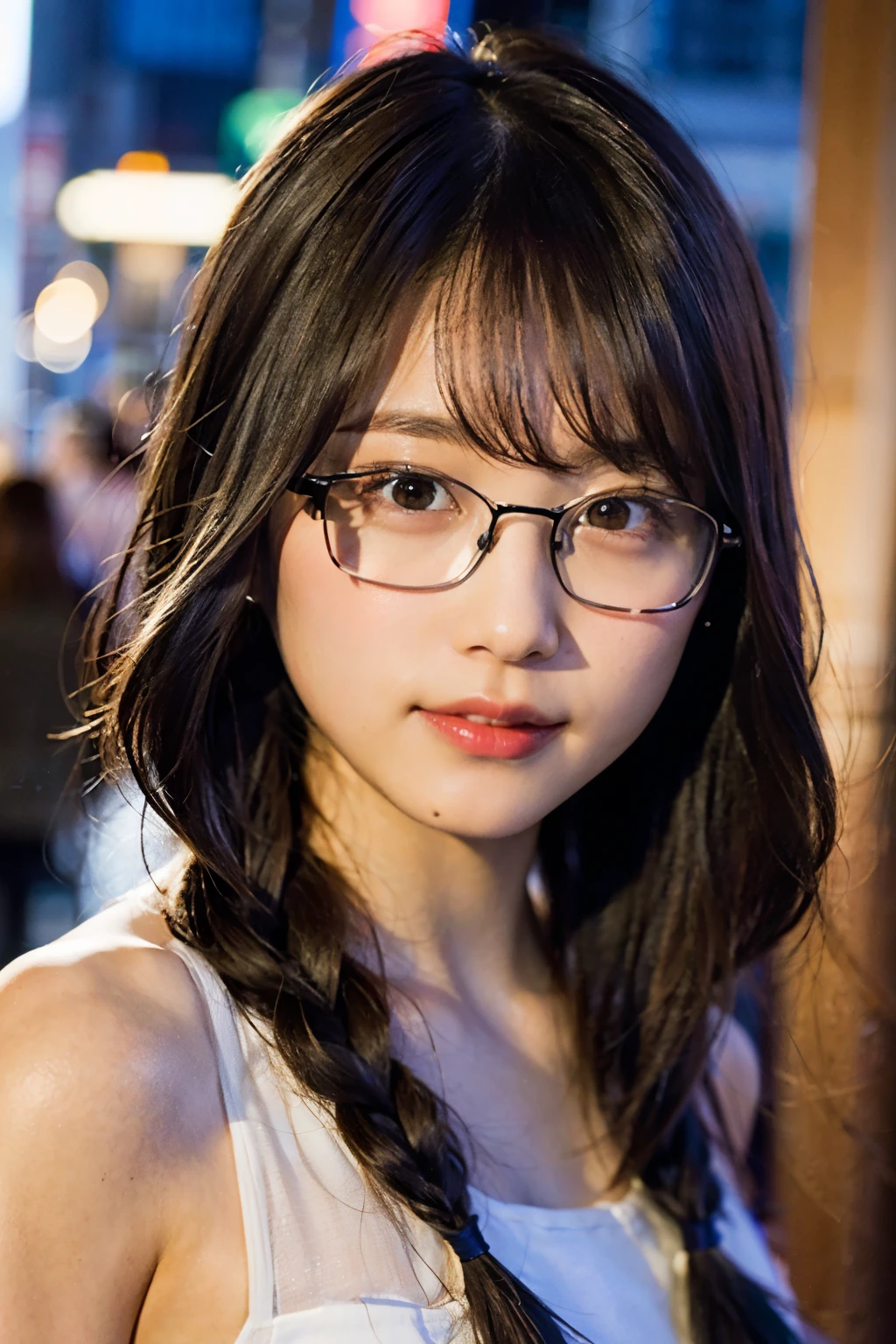 (8K、Raw photography、top-quality、masterpiece:1.2)、(realisitic、Photorealsitic:1.37)、ultra-detailliert、超A high resolution、女の子1人、see the beholder、beautifull detailed face、A smile、Constriction、(Slim waist) :1.3)、White summer clothes、Beautiful detailed skin、Skin Texture、Floating hair、Braided hair、Professional Lighting、Downtown at night、((Black square glasses )) 、Whole naked body、Brown hair, show off virgin pussy to camera