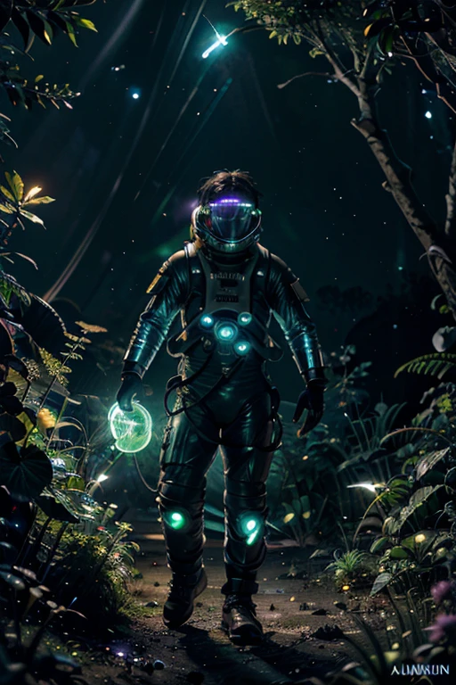 Ultra detailed illustration of an astronaut lost in a magical world of wonders, glowy, bioluminescent plants, incredibly detailed, bright colors, SHARP PHOTO , , bioluminescence