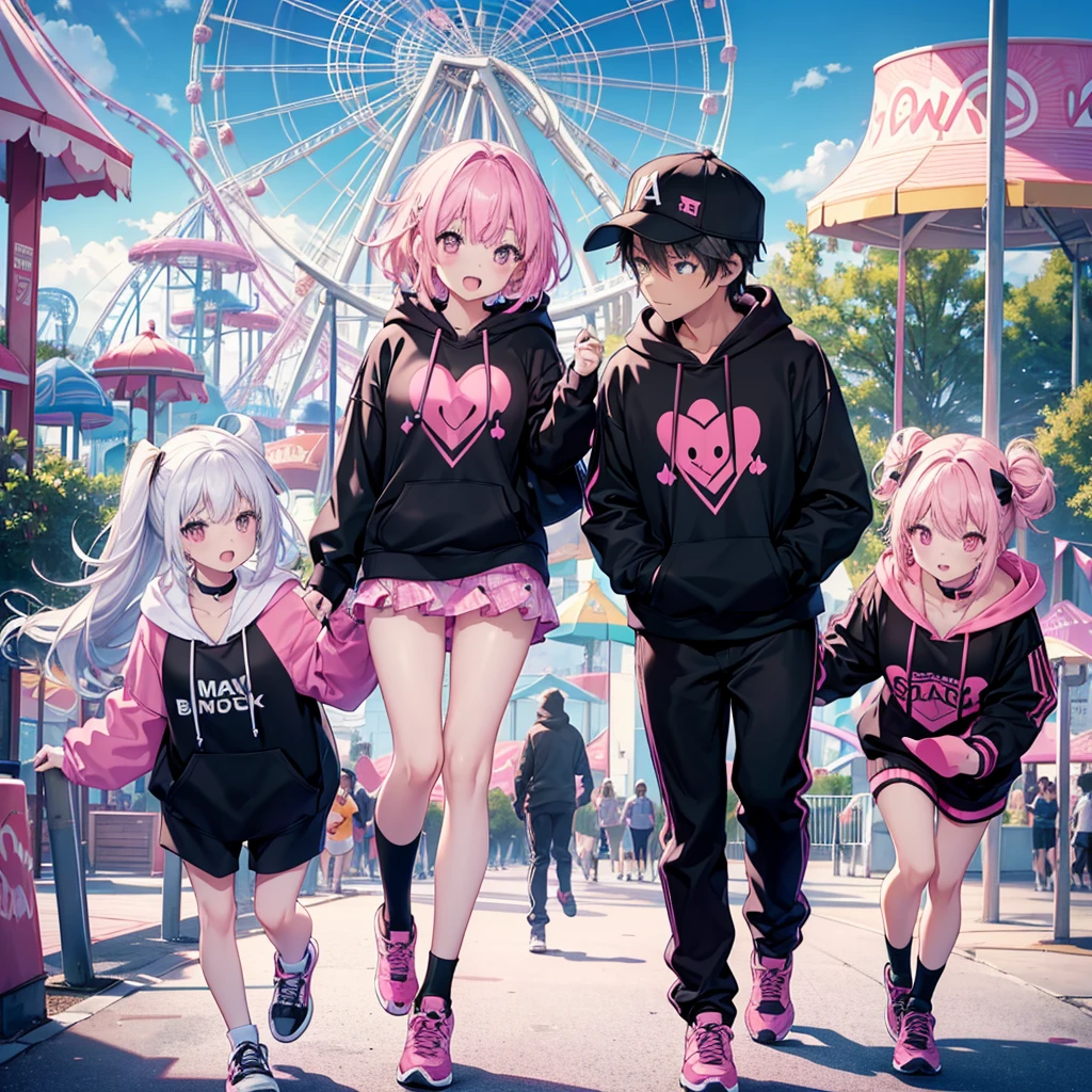 Two couples,((Running around at an amusement park,Matching hoodies,Black with pink points)) woman,pull a man's hand,Very smiling,running,Happy looking man,womanに引っ張られる,Male perspective love,Anime Style,Delicate expression,pop