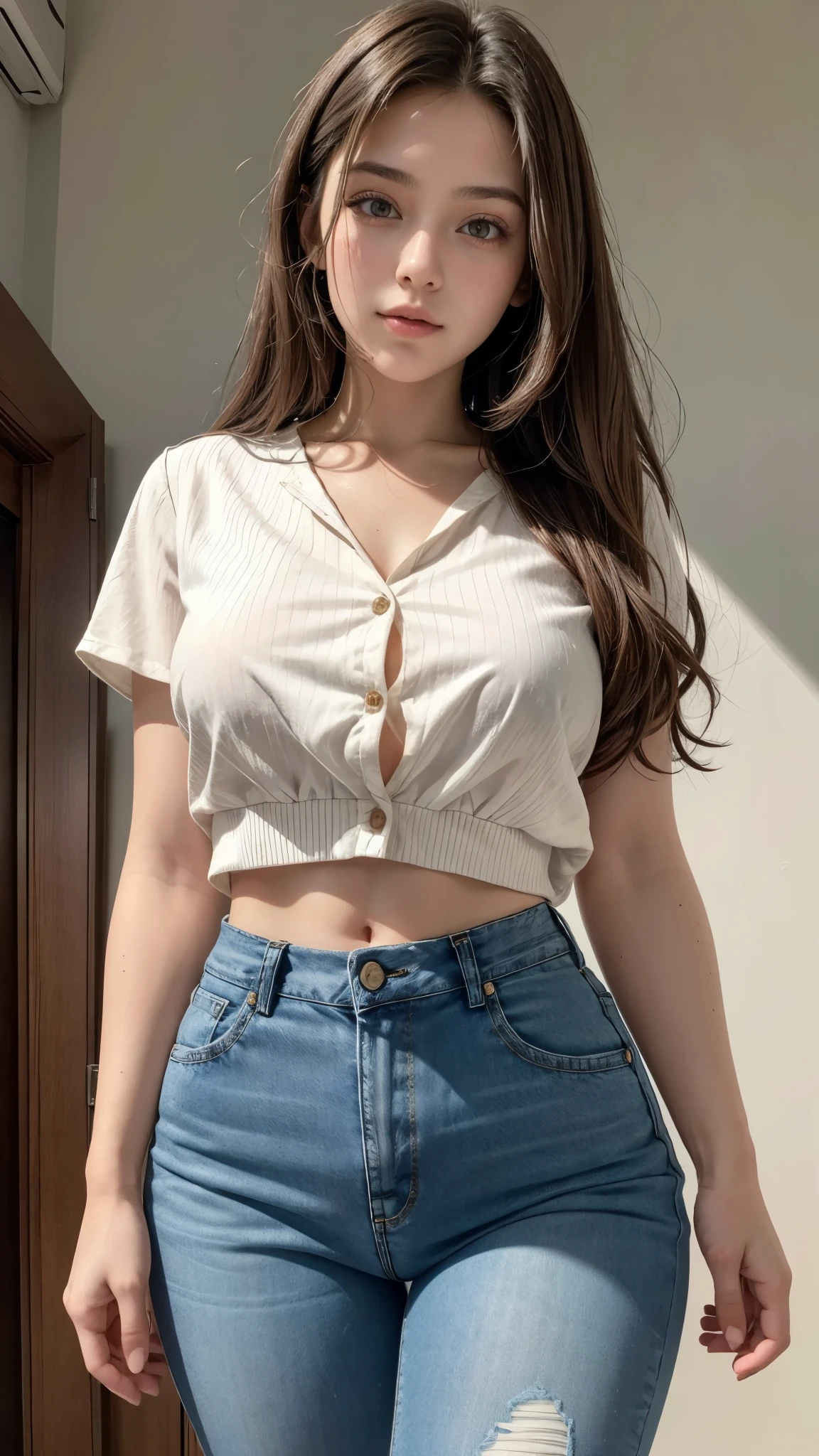 Beautiful 19-year-old brunette girl wearing a short blouse and high-waisted jeans with 2 buttons, showing the navel of her thick legs