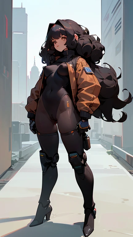 (detailed), (((robot girl))), ((robot)), (Arabic characteristics), ((brown sheepskin jacket)), ((pelo negro rizado free hair)), ((free hair)), (calm face), ((by the width)), ((black high boots)), (((whole body))), ((futuristic city without humans)), ((women)), (black turtleneck sweater), ((only one person)), (At noon), (((exposed crotch))), ((((vagina visible)))), NSFW