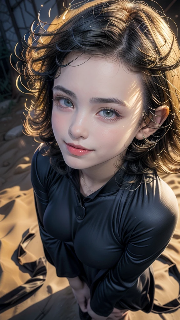 (work of art, best qualityer:1.4), (whole body), 1 girl, standing alone, out, in a desert with sand and dust, tatsumaki, (pelvic curtain:1.2), long sleeves, black gown, (hair green), shorth hair, medium breasts, beautiful smiling, beautiful face, high-detailed face, highly-detailed eyes, highly detailed skin, skin pore, underground dispersal, realisitic pupils, full-face blush, fleshy lips, Depth of field, volumetric lighting, sharp focus, absurderes, realisitic proportions, good anatomy, (realisitic, hyperrealisitic:1.4), 16k hdr