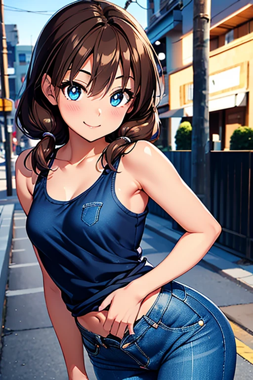 Megumi Amano、Shiny brown hair, Twin tails, Beautiful Blue Eyes、Small waist、Small breasts、Modest chest、smile、Sparkling eyes, (fine grain)、Very fine eye、Highly detailed face, Highly detailed eyes, Cowboy Shot、




, 
Black tank top, ((Denim pants)), Cowboy Shot, Show Viewer, Street City Background