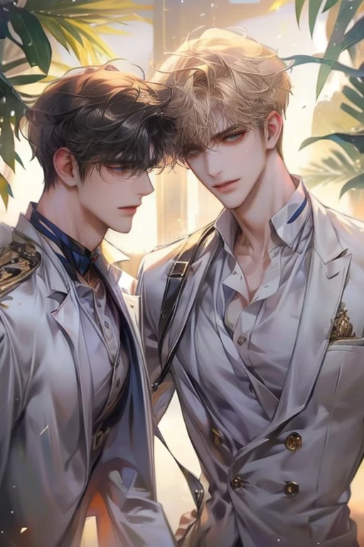 close-up look, Half-body image, two handsome young male walk together, wearing university uniform, smiling, soft light, hi-quarity, Masterpiece