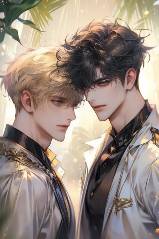 close-up look, Half-body image, two handsome young male walk together, wearing university uniform, smiling, soft light, hi-quarity, Masterpiece