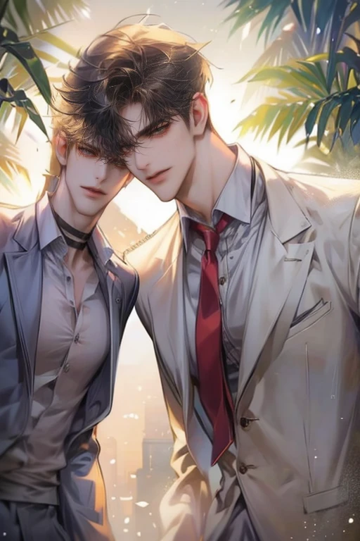 close-up look, Half-body image, two handsome young male walk together, wearing university uniform, smiling, soft light, hi-quarity, Masterpiece