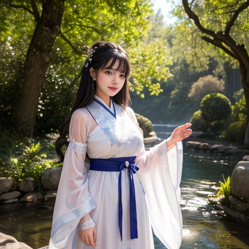 best quality, Delicate face,beautiful visual work, lifelike, eternity, black hair, Long curly hair, blunt bangs, Smile, Detailed Background, Delicate face,blush,cold,((masterpiece))、(top quality)、8k、high detail、Super detailed,21 years old female,身穿唐制Hanfu、waist skirt, Clothes are light and fluffy,Hanfu, wide sleeves, Transparent sleeves, Tunic, Clothes made of chiffon, masterpiece、born、Scenes resembling fairy tale illustrations、intricate details和複雜的設計、Beautifully、magic、capricious、 Beautifully、Dream aesthetics、「𝓡𝓸𝓶𝓪𝓷𝓽𝓲𝓬、ethereal、charming、fickle、magic」、realism、Visual effects、FXAA、SSAO、Shader、voiceless、ambient lighting、Tone mapping、High resolution、Ultra high quality、Million pixels、(8K resolution:1.10)、8k、8k以下、8K resolution、high detail、intricate details, (high quality:1.2、masterpiece:1.2、:1.21)、(21 years old female:1.21)、(興奮地Smile)、(被dream般的氛圍所包圍、Model diagram,full-body shot,Normal 2 feet,Put your hands behind you,The protrusion of the breast is visible when wearing clothes, Large Breasts, H cup chest, antiquity, Xian Xia, gauze clothes, Soft and fluttering, Fairy, dream, fantasy, light, Elegant, nature, Immortal, romantic, classical, ribbon, light purple clothes, In the woods, martial arts drama scene, There are many straight tree trunks next to it