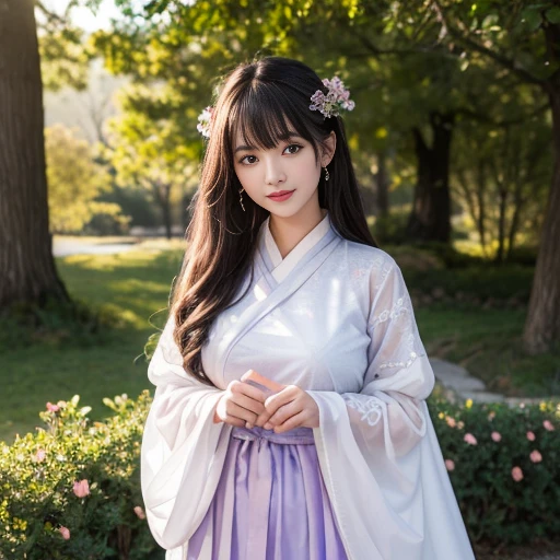 best quality, Delicate face,beautiful visual work, lifelike, eternity, black hair, Long curly hair, blunt bangs, Smile, Detailed Background, Delicate face,blush,cold,((masterpiece))、(top quality)、8k、high detail、Super detailed,21 years old female,身穿唐制Hanfu、waist skirt, Clothes are light and fluffy,Hanfu, wide sleeves, Transparent sleeves, Tunic, Clothes made of chiffon, masterpiece、born、Scenes resembling fairy tale illustrations、intricate details和複雜的設計、Beautifully、magic、capricious、 Beautifully、Dream aesthetics、「𝓡𝓸𝓶𝓪𝓷𝓽𝓲𝓬、ethereal、charming、fickle、magic」、realism、Visual effects、FXAA、SSAO、Shader、voiceless、ambient lighting、Tone mapping、High resolution、Ultra high quality、Million pixels、(8K resolution:1.10)、8k、8k以下、8K resolution、high detail、intricate details, (high quality:1.2、masterpiece:1.2、:1.21)、(21 years old female:1.21)、(興奮地Smile)、(被dream般的氛圍所包圍、Model diagram,full-body shot,Normal 2 feet,Put your hands behind you,The protrusion of the breast is visible when wearing clothes, Large Breasts, H cup chest, antiquity, Xian Xia, gauze clothes, Soft and fluttering, Fairy, dream, fantasy, light, Elegant, nature, Immortal, romantic, classical, ribbon, light purple clothes, In the woods, martial arts drama scene, There are many straight tree trunks next to it