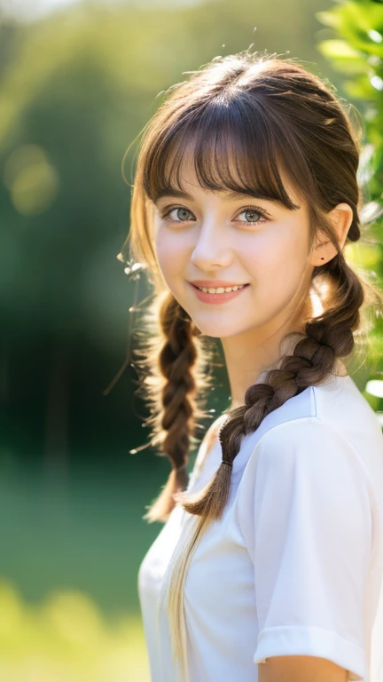 (Highest quality, masterpiece, Ultra-high resolution, (Realistic:1.4), RAW Photos, Depth of written boundary, whole body,Professional Lighting, Perfect Anatomy, Very detailed), One Ukrainian girl, , Summer white school uniform, (Very cute face, (Very cute big eyes), Very cute hair, Twin tail hairstyle,Very cute skin, Very cute long eyelashes, Very cute lips),A shy smile