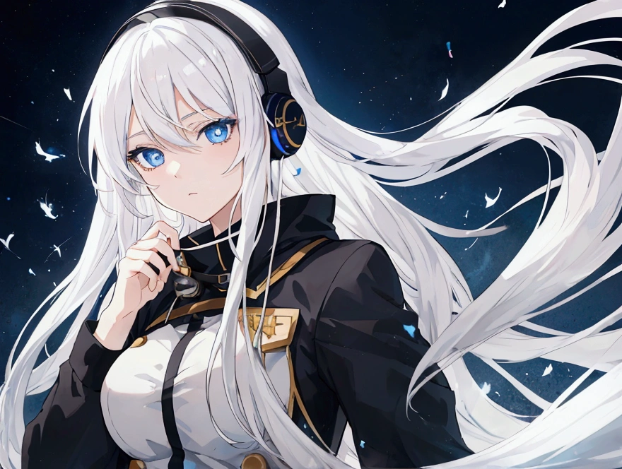 An anime girl, Beautiful eyes, white hair, Blue eyes, with headphones, his eyes are serene, beautiful eyes, black hair, blue eyes, scene apocaliptica on fire, hair blowing in the wind, sparks flying from the flames, in a secret organization outfit