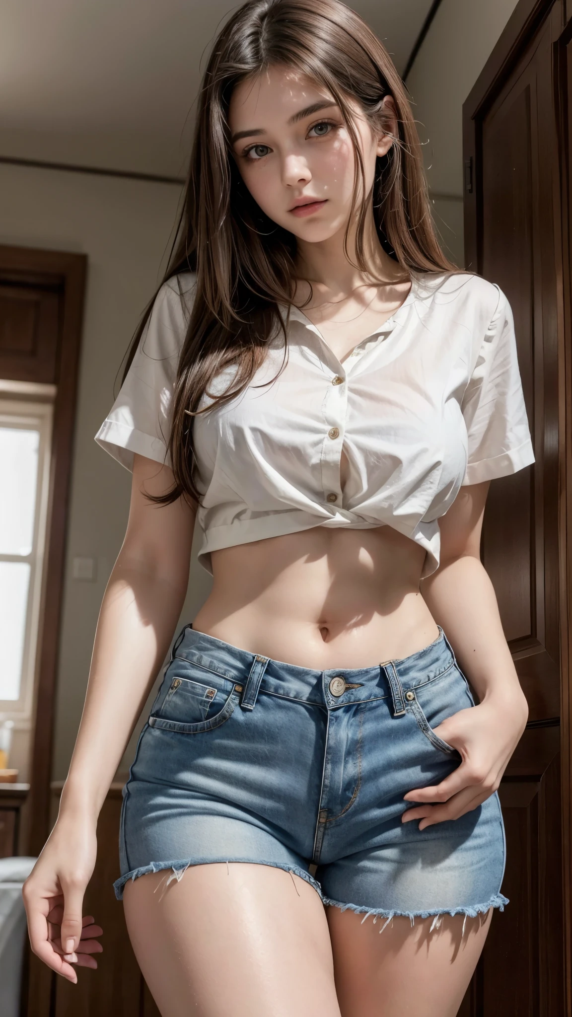 Beautiful 19-year-old brunette girl wearing a short blouse and high-waisted 4-button jeans with the navel of her thick legs showing