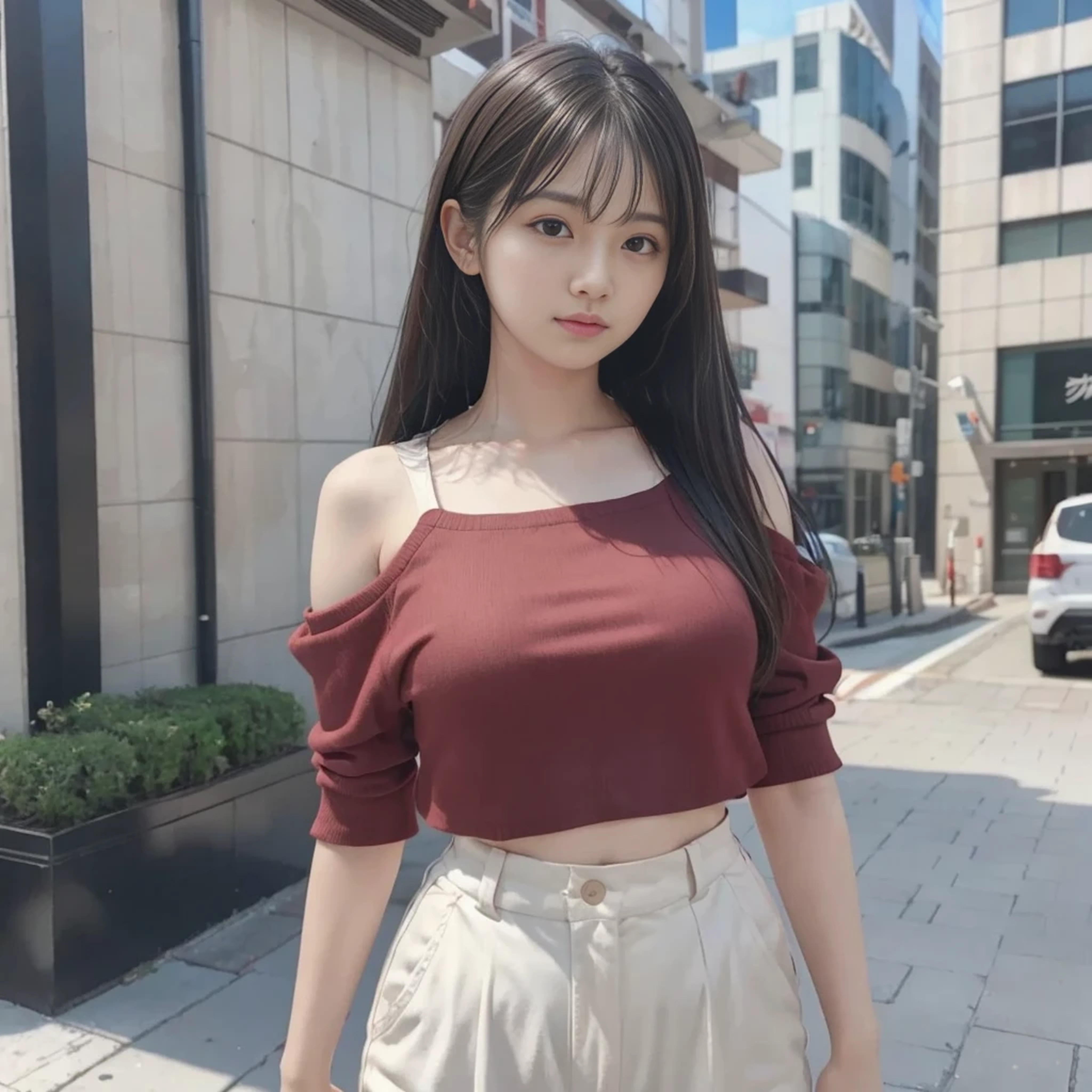 Ultra-high resolution, Superior Quality, Highest quality, Very detailed, Realistic, 8k, RAW Photos, Highest quality, masterpiece, Attractive girl, Awesome girl, Brown Hair, Shoulder-length layers, Asymmetrical bangs, Medium, K-POPアイドル, Sophisticated, stylish, Red Shirt,Shibuya Ward, 