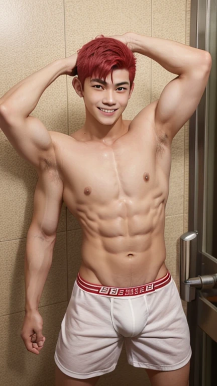 Japanese men、15 years old、Well-developed muscles and smooth skin、Shaved red hair、Relaxed and friendly smile、Light yellow boxer briefs、The whole body is visible from toes to head、Fist pump in the bathroom、