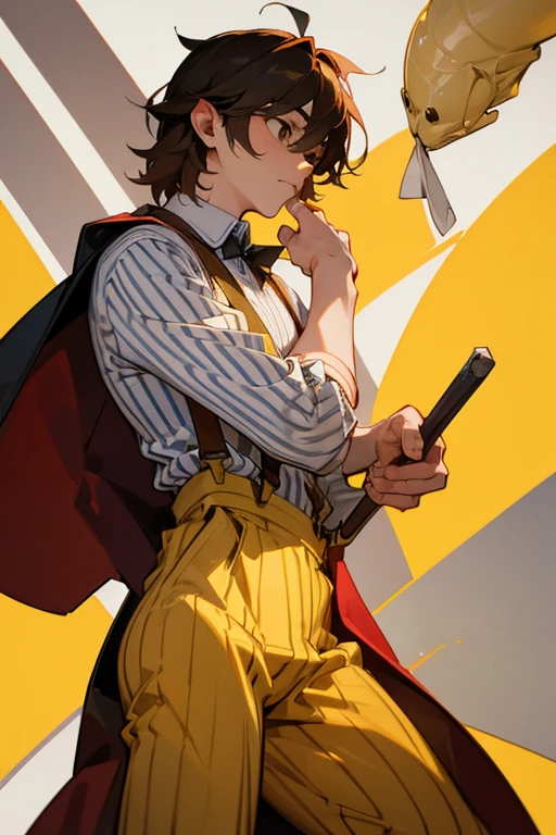 A D&D character who has a butter yellow with White stripes shirt, slightly baggy dark red pants. 
4 suspenders and two of them are not on him.
