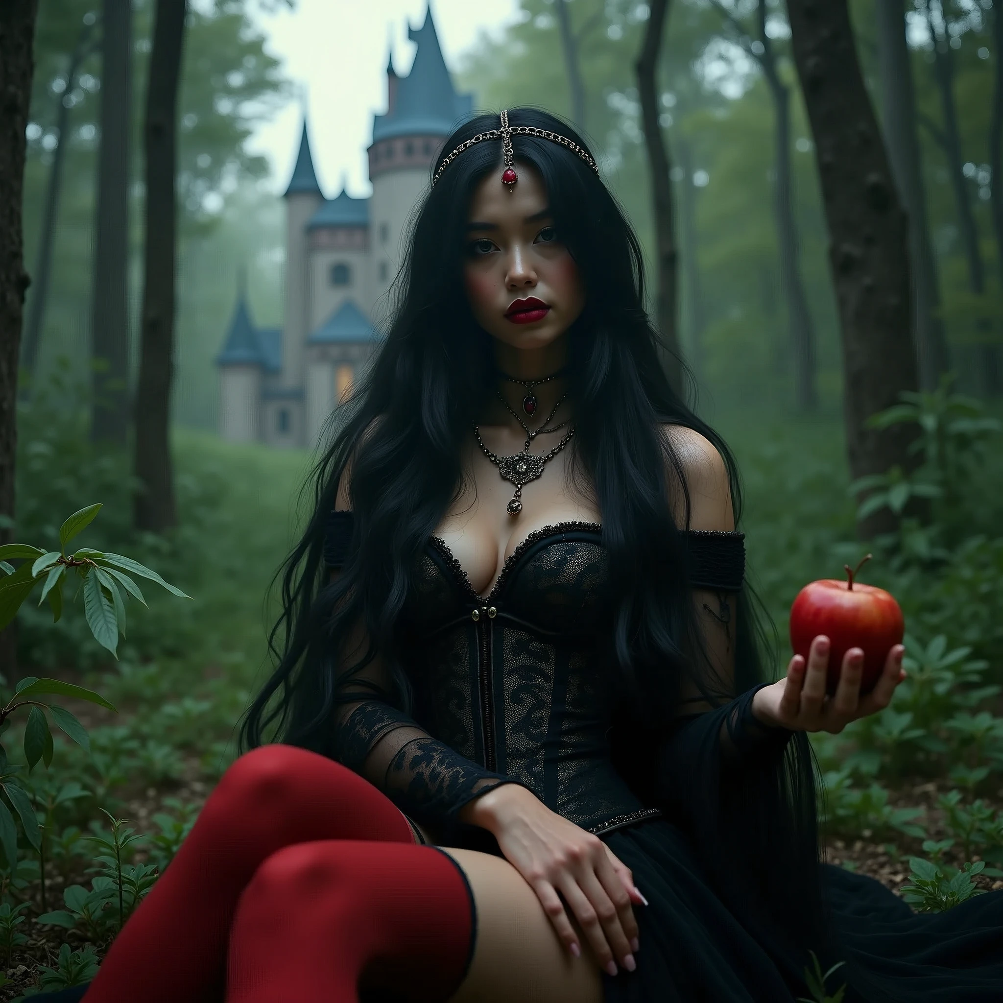 ((RAW Photo), Absurd, (Absurdresolution)), Masterpiece, Best Quality, (Extremely Detailed 8k Unity CG Wallpaper), (Best Illustration), (Best Shadow), Realistic Lighting, Beautiful Detailed Glow, ((21 Years Old)), Girl, Long Black Hair， Black Queen， Accessories， Apple in Hand， Poisoned Apples， Witch Queen， Red Lipstick, Red Thighs, Corset, ((Full View, Hinoki Forest, Victorian Castle)), (((Photographic Perspective of Her, FROM BELOW)))