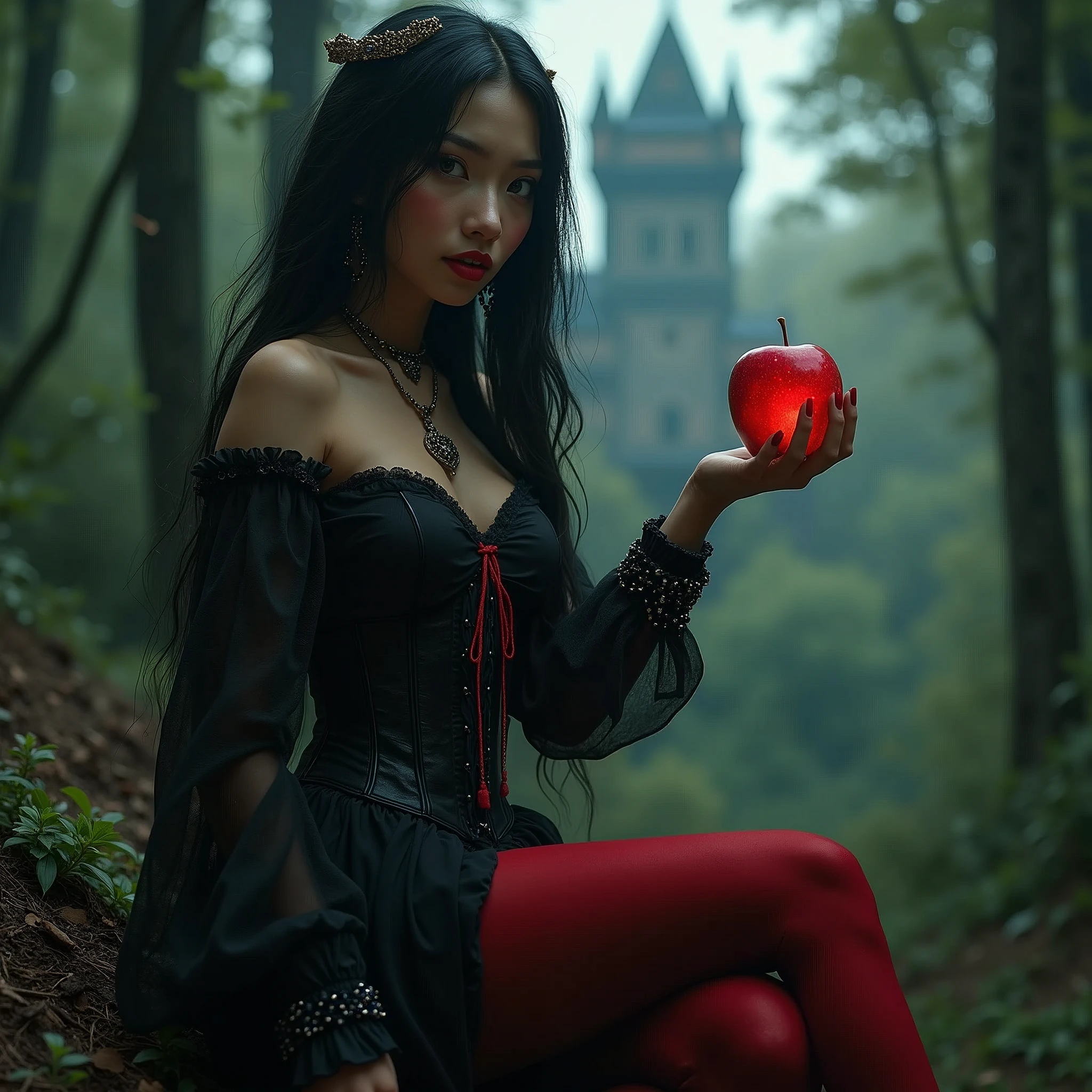 ((RAW Photo), Absurd, (Absurdresolution)), Masterpiece, Best Quality, (Extremely Detailed 8k Unity CG Wallpaper), (Best Illustration), (Best Shadow), Realistic Lighting, Beautiful Detailed Glow, ((21 Years Old)), Girl, Long Black Hair， Black Queen， Accessories， Apple in Hand， Poisoned Apples， Witch Queen， Red Lipstick, Red Thighs, Corset, ((Full View, Hinoki Forest, Victorian Castle)), (((Photographic Perspective of Her, FROM BELOW)))