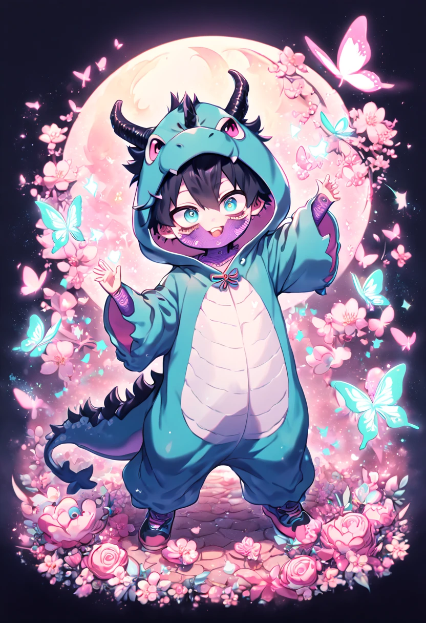 absurdres, highres, ultra detailed, HDR, master piece, best quality, extremely detailed face, delicated features, Dabi as a ???, black hair, expressive turquoise eyes, Boku No Hero Academia, solo, boy, cute, dragon costume, blossoms, pink flowers, pink butterflies, fantasy, magic, radiant