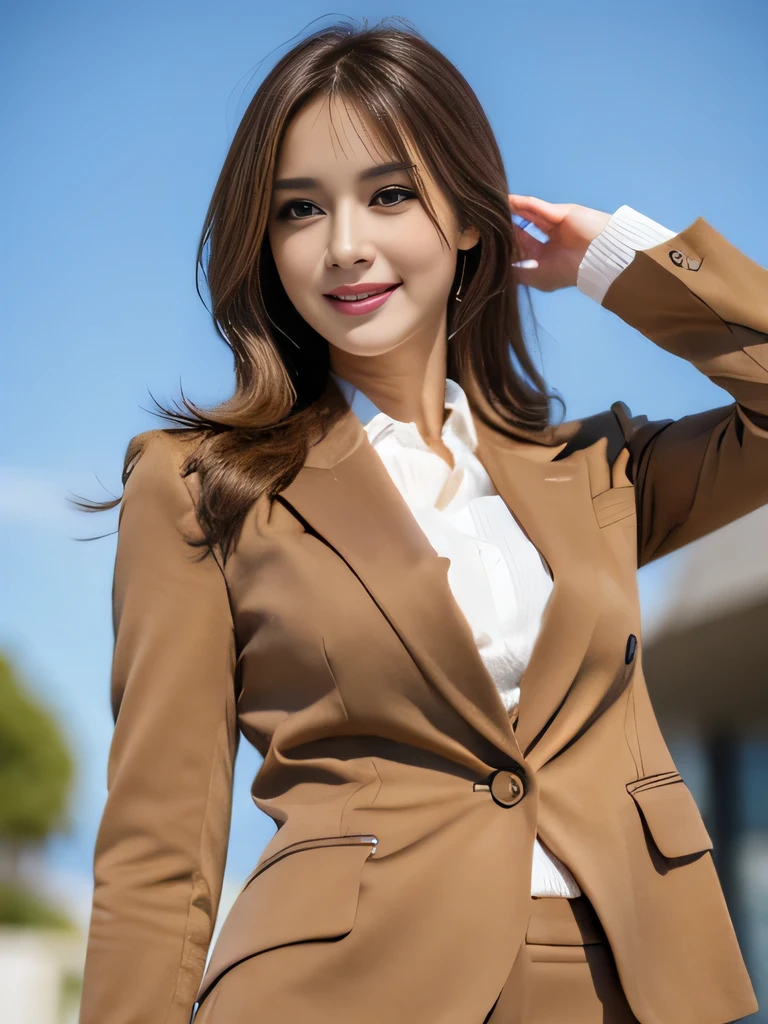 (full body,upright]1.0),masutepiece, Best Quality, Photorealistic, Ultra-detailed, finely detail, High resolution, 8K Wallpaper, 1 beautiful woman,, light brown messy hair, in a brown business suit, foco nítido, Perfect dynamic composition, Beautiful detailed eyes, detailed hairs, Detailed realistic skin texture, Smiling, Close-up portrait, Model body type, ((Random body orientation)),