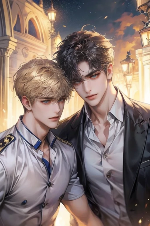 close-up look, Half-body image, two handsome young male walk together, wearing university uniform, smiling, soft light, hi-quarity, Masterpiece