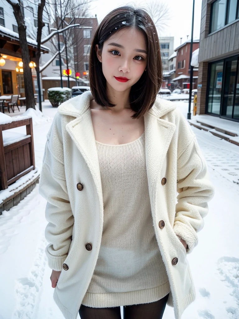 best quality, 4k, 8k, Detailed face, clear face, a pretty girl,Exquisite Makeup, Red lips,laugh, perfect body,shoulder length straight bob hair,small head,small face,big watery eyes,small breasts,thigh,slim,thin, The girl wears a wide white mink fur coat, Underneath the jacket was White sweater and pantyhose, Snowscape, winter, snow town,from front