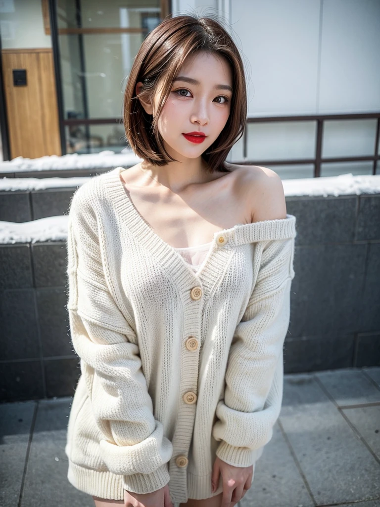 best quality, 4k, 8k, Detailed face, clear face, a pretty girl,Exquisite Makeup, Red lips,laugh, perfect body,shoulder length straight bob hair,small head,small face,big watery eyes,small breasts,thigh,slim,thin, The girl wears a wide white mink fur coat, Underneath the jacket was White sweater and pantyhose, Snowscape, winter, snow town,from front