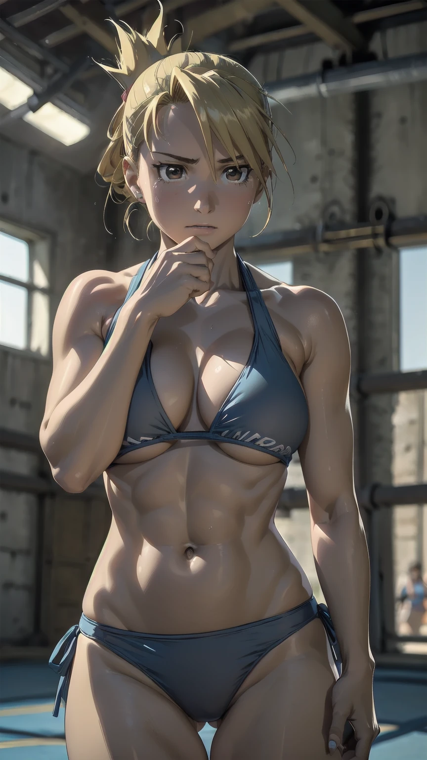 masterpiece, Highest quality, High resolution, One Girl, Hamriz, ponytail、Brown eyes,big , マイクロbikini、Cowboy Shot、Muscular body、blush、Sweat、Composition from the front、anime、(((Light blue bikini、Stand in front、audience、Shaking breasts、Boobs fully exposed、Facing forward)))、((Wrestling Arena)), (Female wrestler), (Slender body, 発Sweat, tired), Mature Woman, Mature Woman, (bikini, Very detailed wrestling equipment)