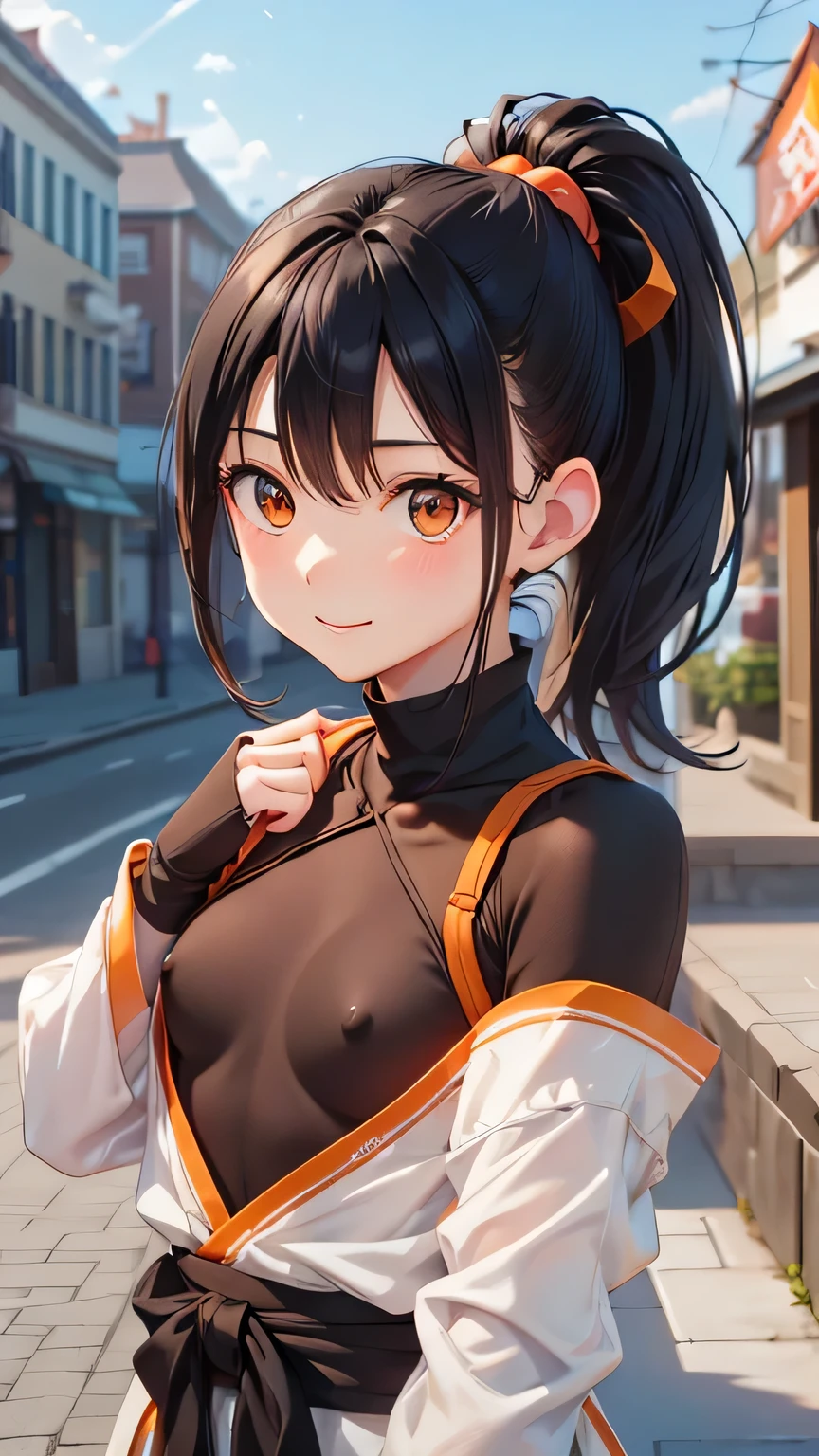 Highest quality、Realistic、woman、zoom、Orange eyes、Black hair ponytail、Ninja、A well-trained body、White Shinobi Affiliation、No sleeve、thin、Dark Skin、Flat Chest、Inappropriate smile、Busy Street、Bust Shot、