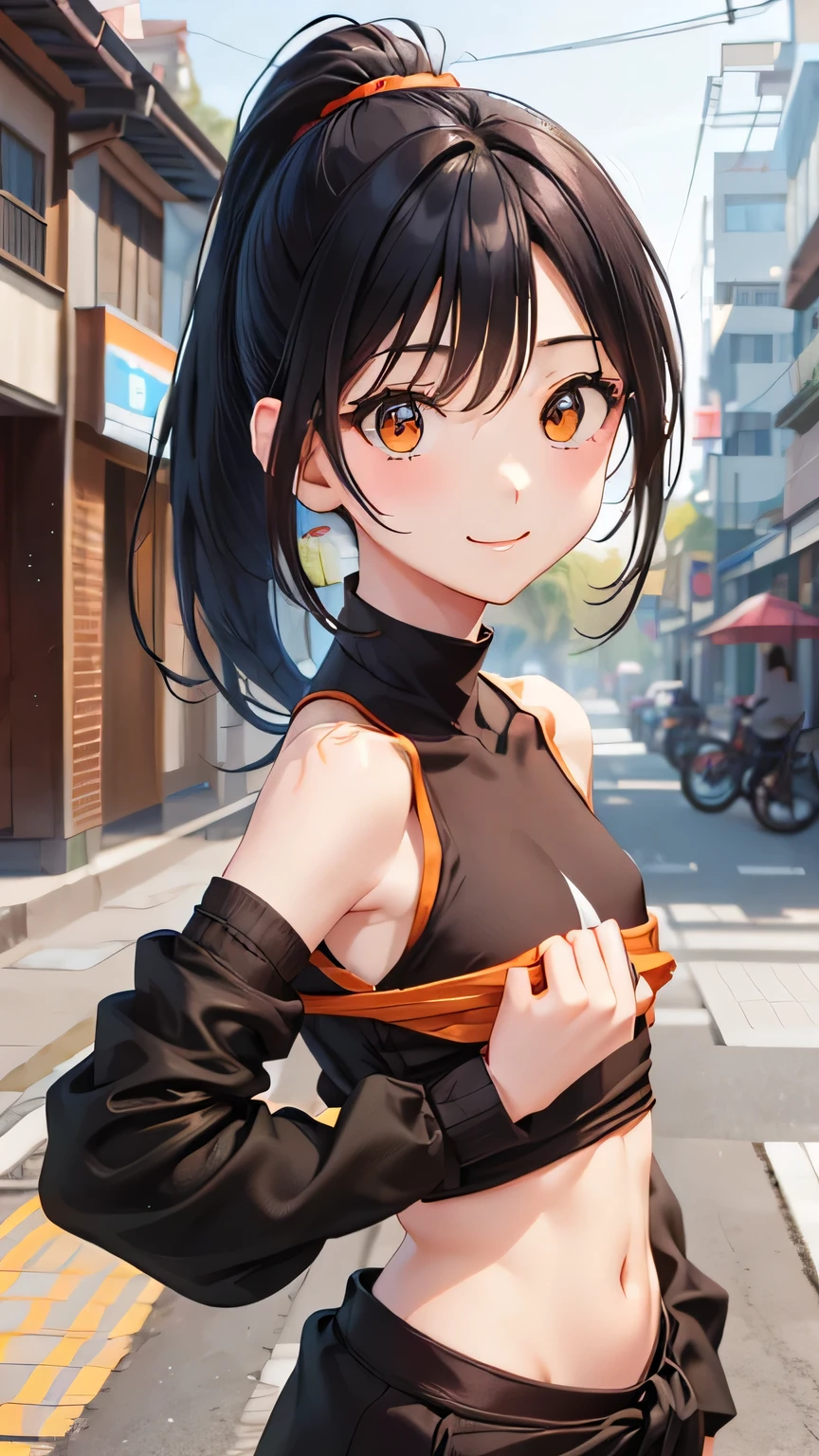 Highest quality、Realistic、woman、zoom、Orange eyes、Black hair ponytail、Ninja、A well-trained body、White Shinobi Affiliation、No sleeve、thin、Dark Skin、Flat Chest、Inappropriate smile、Busy Street、Bust Shot、