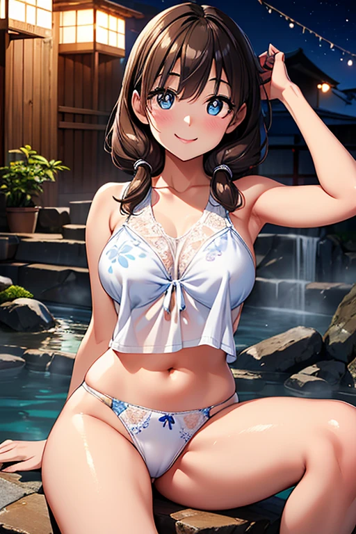 Megumi Amano、Shiny brown hair, Twin tails, Beautiful Blue Eyes、Small waist、Small breasts、Modest chest、smile、Sparkling eyes, (fine grain)、Very fine eye、Highly detailed face, Highly detailed eyes, Cowboy Shot、




, 
(Artwork、Highest quality)、 (Photorealistic photography)、single image、1 photo、(日本のUnsanitary and dim地下街、A nostalgic and fantastic night view、woman、地下へのinternship)、(Beautiful night view、Lifestyle)、(Showa style、Japan favelas、Dirty old hot spring town)、((Big bath、Underground hot spring facilities、internship))、(woman、dark tank top、White printed lace panties、smile、fun)、((Unsanitary and dim))、Dark entertainment district、shaved ice、Drink sales、(internship、Everyone is having fun bathing)、smile、womanes felizes、Perfect Anatomy, White lace T-back