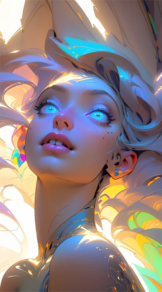 8k quality, ultra detailed, galaxy background effects, 1girl looking up, rainbow color hair, beautiful detailed eyes, beautiful detailed lips, extremely detailed face, long eyelashes, magical fantasy, ethereal lighting, cinematic composition, volumetric lighting, dramatic atmosphere, vibrant colors, hyperrealistic, award winning digital art, masterpiecee