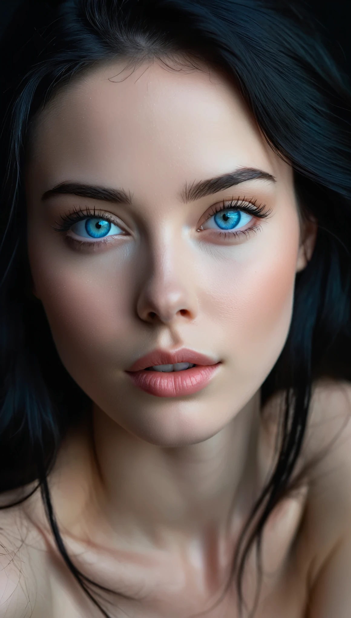 FACE SHOT OF LOVELY BEAUTIFUL BLACK HAIR WOMAN, HUGE LONG BLACK HAIR, VOLUMOUS HAIR, VERY PALE SKIN, TURCOISE BLUE  EYES, EXPRESSIVE TURCOISE EYES, LOVELY FACE EXPRESSION, CLOSED MOUTH, ROSY CHEEKS, HIGH CHEEKBONES, MENTAL FORAMEN, STRAPLESS CLEAVAGE, FRONTAL ANGLE SHOT, DARK BACKGROUND, DIFUSED LIGHTS, MASTERPIECE