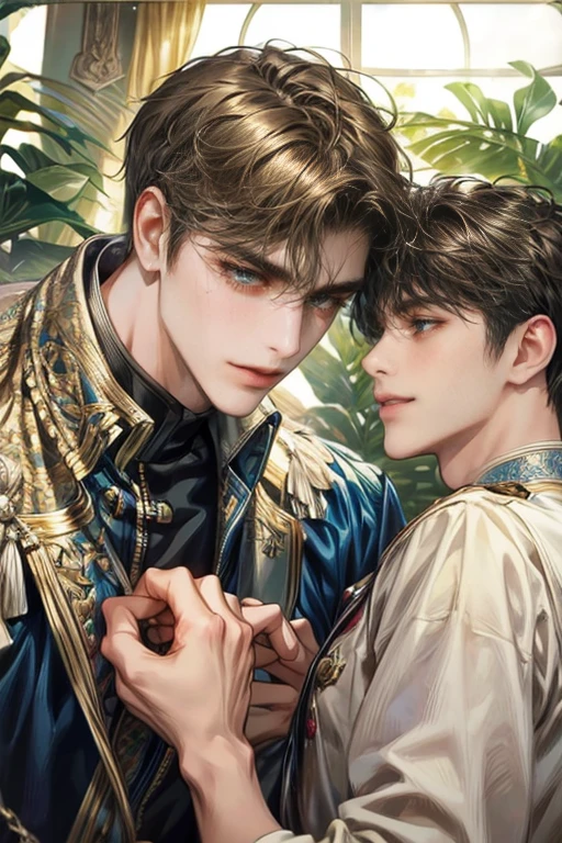 close-up look, Half-body image, two handsome young male walk together, wearing university uniform, smiling, soft light, hi-quarity, Masterpiece