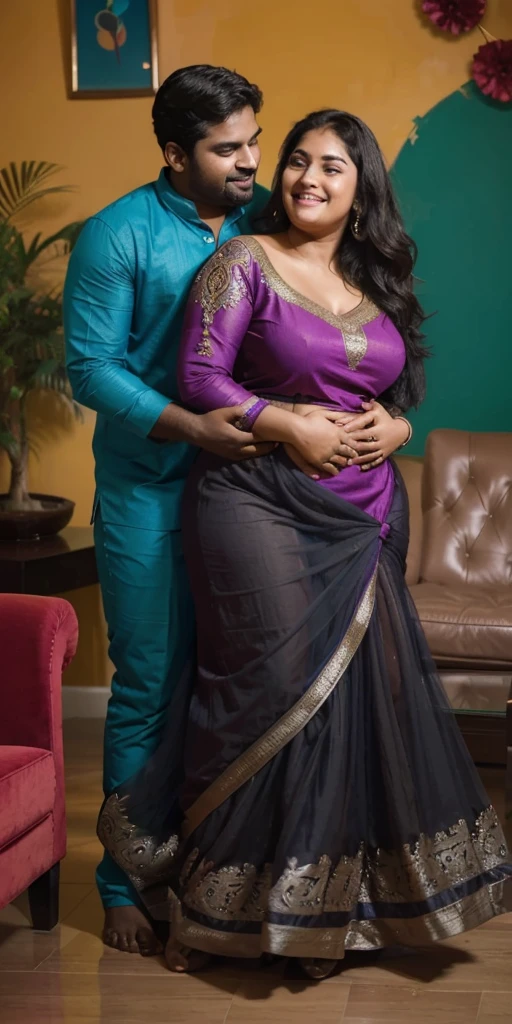 A radiant, full-figured South Indian 25 year old woman wearing a black gown tenderly hugging a jubilant 25-year-old man while in living room, captured in a full-body image with vibrant hues and meticulous details. Belly button visible . Full body image